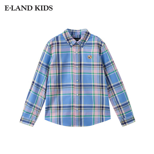 E LAND KIDS 100% cotton Eland boys' shirt 25 spring new arrival college style badge embroidered plaid Red/20 160
