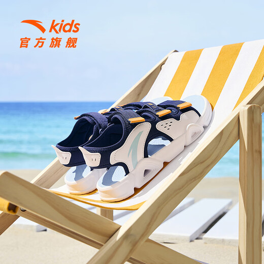 ANTA Children's Sandals 2025 Summer New Men's and Women's Shoes Breathable Beach Shoes Open-Toe Velcro Sandals Men's New Ink Blue/Fluorescent Aqua-1 34 (21.5cm)