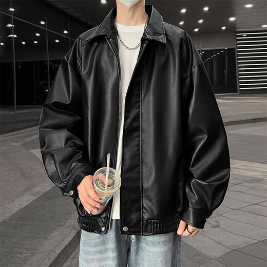 Shelley Jones American Retro Leather Jacket for Men and Women Spring and Automne New Style Handsome Top Top Loose Casual Couple Veste Black L [Recommandé 110-125 Jin [Jin est égal à 0,5 kg]]]
