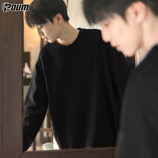 POUM pure cotton American trendy sweatshirt men's autumn and winter casual couple long-sleeved bottoming shirt Y40 black XL