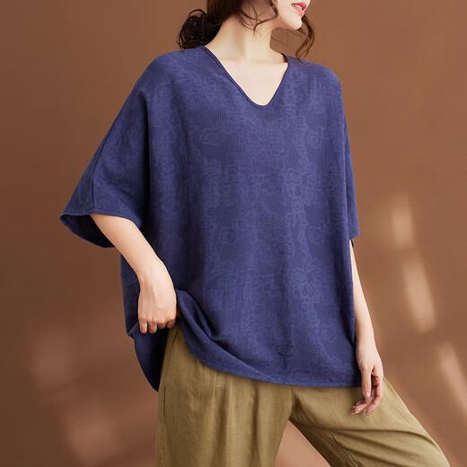 简当（JIANDANG）大码女装夏季胖MM纯色提花休闲宽松蝙蝠袖T恤遮肚子上衣9227 淡粉 大码均码【200斤以下】