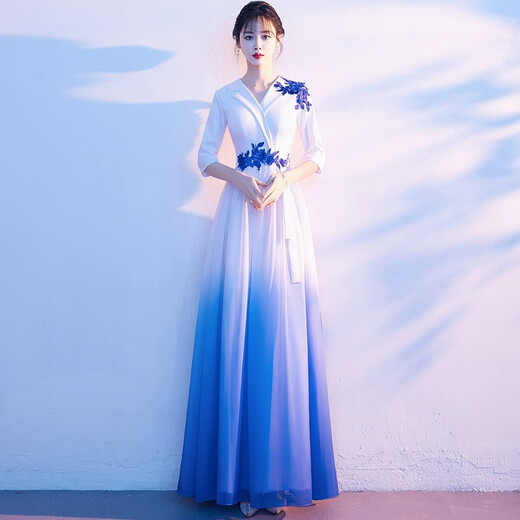 Li Baixin's new large choir performance clothing, women's long skirt, adult host conductor dress, atmospheric red song recitation competition clothing, blue 3XL, recommended 130-135Jin Jin is equal to 0.5 kg