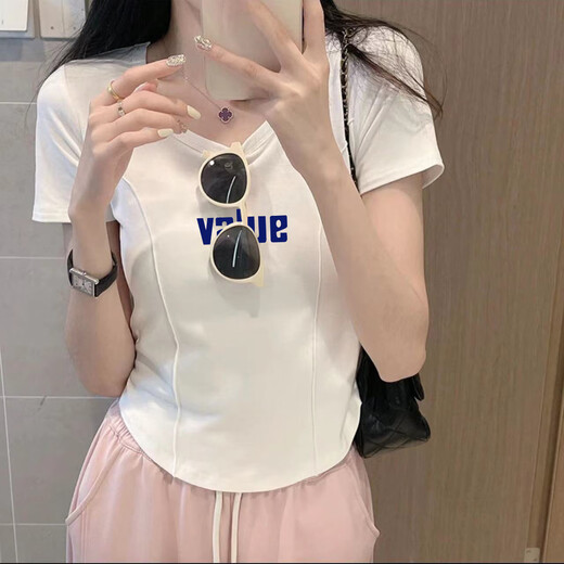 UZSC Camiseta de manga corta con dobladillo curvado irregular ajustada al hombro derecho de algodón para mujer en verano para personas pequeñas para pellizcar la cintura y lucir un top adelgazante de moda 869-blanco 112 M
