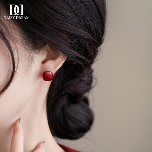DAISY DREAMS 925 Silver Needle Ancora Red Sugar Cube Stud Earrings for Women 2025 New Year Hot Style Retro Earrings Red Ear Jewelry Retro Square Earrings 925 Silver Needles Pair