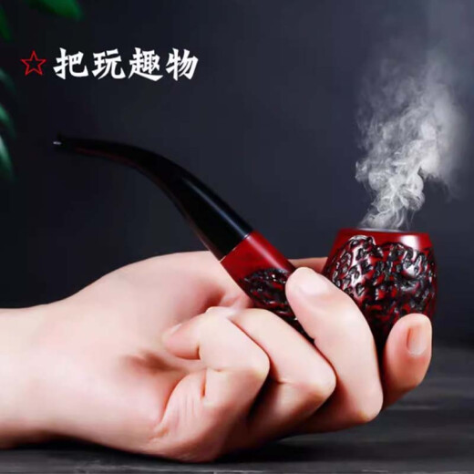 ZOBO正牌黑檀木手工烟斗过滤芯烟嘴实木老式弯式刻花斗送男士长辈礼物 838-黑檀木【雕花】
