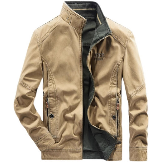 JEEP SPIRIT Reversible Jacket Men's High-end New Autumn and Winter Cotton Stand Collar Loose Casual Large Size Workwear Khaki XL