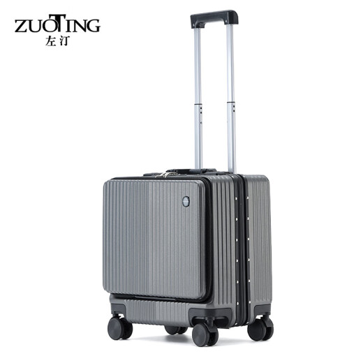 左汀前开盖多功能铝框行李箱小型便携登机箱旅行箱商务出差拉杆箱 铁灰色 18英寸