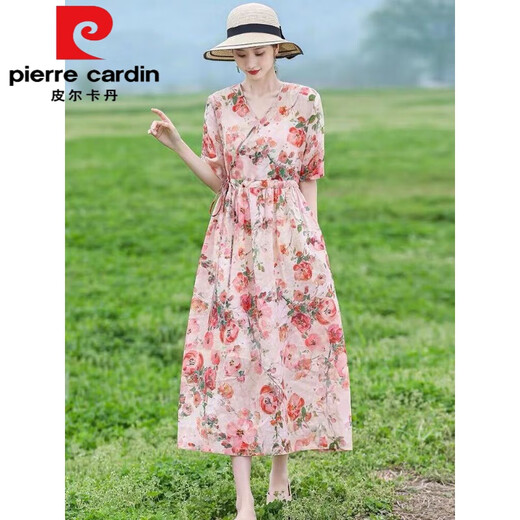 
Pierre cardin retro ethnic style women's long skirt summer age-reducing mother m mother suit lace waist-hugging slimming cotton linen dress floral dress 683 pink XL
