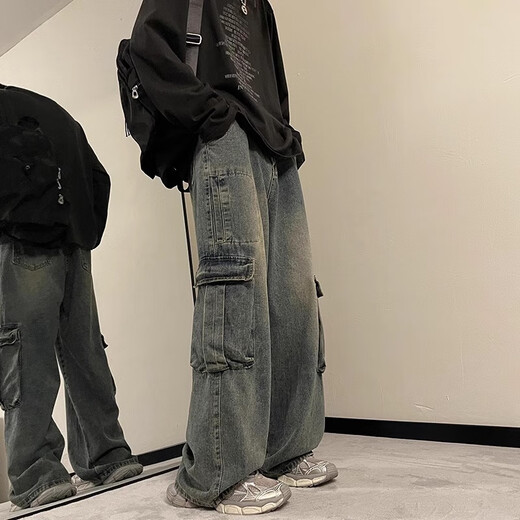 POUM牛仔裤男士春秋夏季新款美式复古潮牌潮流拖地裤宽松直筒休闲裤子 DDD-683蓝色 L