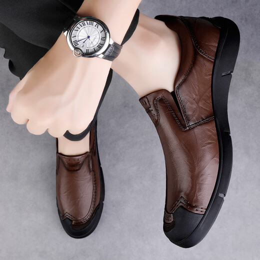 凯奇蒙轻奢品牌男鞋轻便透气新款皮鞋防滑耐磨经典舒适办公商务休闲系带 7371棕色套脚常规版 41
