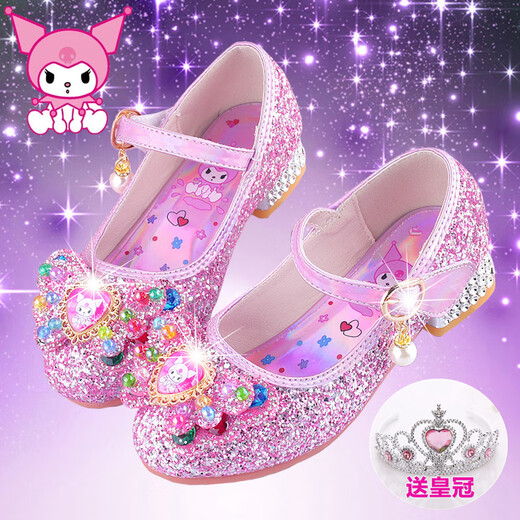 Gesufan Purple Kuromi Princess Shoes Girls High Heels Spring and Autumn Children's Soft Soled Single Shoes Crystal Shoes Little Girls Leather Shoes Four Seasons/319-4 Pink 27 Inner Length 17cm