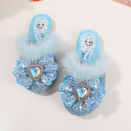 Children's Winter Plush Mops Fashion New Girls Elsa Princess Fashion Home Flat Heel Baotou Warm Cotton Mops Blue Plush 28 Size 28