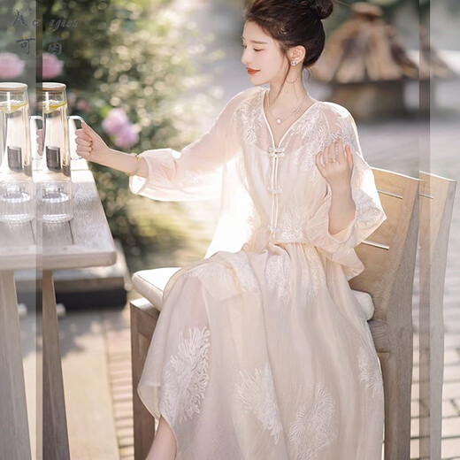 Keyin New Chinese Dress Set Women's 2025 Spring and Autumn New National Style Embroidery Gentle Wind Mid-Length Skirt Women's Top + Skirt XL