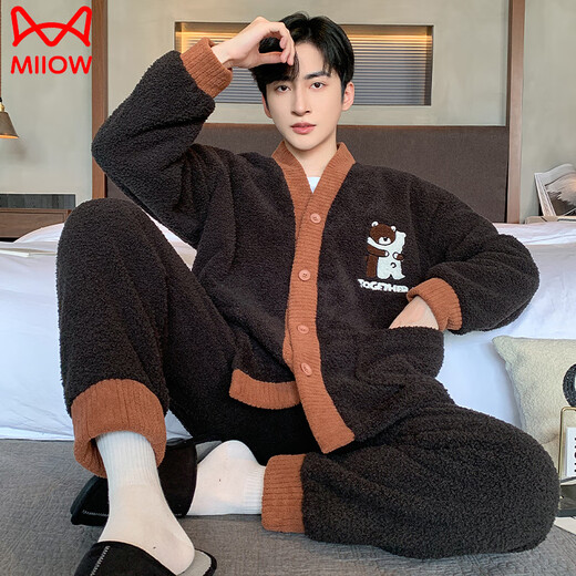 Catman (MiiOW) half-length velvet men's pajamas in autumn and winter plus velvet thickened men's coral velvet warm and large size autumn and winter home clothing WB velvet 6624 [small size M]] Recommended height about 155CM, body