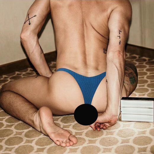Men's low-waist thong sexy threaded cotton solid color buttocks highlighting big breathable bikini briefs blue 2XL