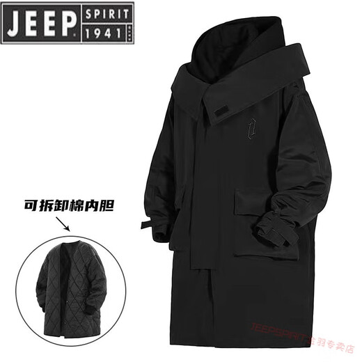 JEEP SPIRIT style high collar hooded windbreaker jacket three-dimensional large pockets mid-length assault jacket work jacket black cotton L (130-160Jin Jin equals 0.5kg)