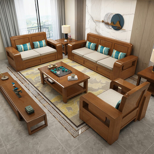 Qian Tuan Seiko Guangdong Foshan solid wood sofa Chinese style solid wood sofa modern simple size apartment winter and summer living room set four seats + imperial concubine couch + coffee table + TV cabinet + dining table combination