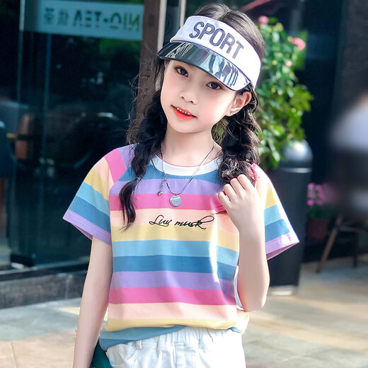 Pitt Pitt Girls Short Sleeve T-shirt 2025 Summer New Trendy T Children's Korean Loose Striped Top Medium Large Children's Summer 3505 Rainbow Stripe + 9922 White 140 cm