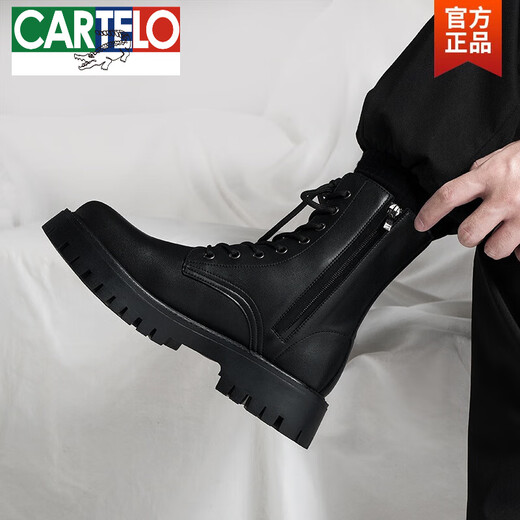 卡帝乐鳄鱼（CARTELO）英伦风ins黑色马丁靴男潮流秋季新款真皮工装机车靴韩版高帮靴子 黑色 43