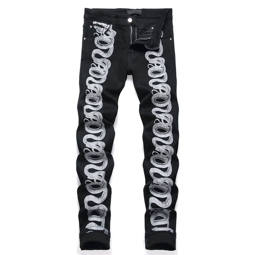 Fei Shimi New Style High Street Herren Ripped Jeans bestickt S Tight Mid-Tendy Herren trendy lässige schwarze Hosen Schwarz 3523 29