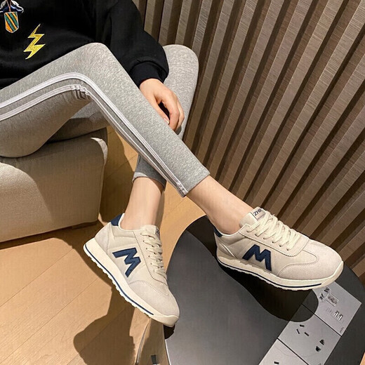 ZHR休闲鞋女复古轻潮拼接女鞋ins网红圆头运动鞋女时髦百搭 米蓝 38