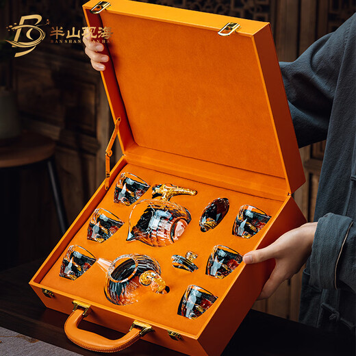 Mid-mountain sea view gold foil crystal glass kung fu tea set high-end household light luxury teapot teacup complete set high-end gift box to give away gold foil covered bowl tea set leather case 9 pieces