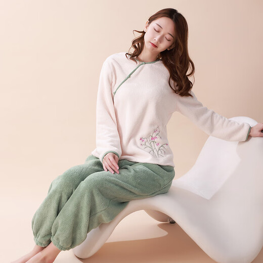 Love autumn and summer new Chinese style double-sided velvet pajamas for women in autumn and winter plus velvet and thickened national style large size underwear warm home clothes set Sakura pink set M (recommended 80-110Jin Jin equals 0.5 kg)