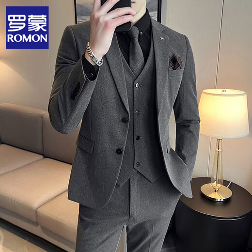 ROMON high-end suit men's British style suit business professional formal wear large size loose groom and groomsmen wedding dress medium gray two buttons suit + vest + trousers M (suitable for 100-110 Jin Jin equals 0.5 kg)