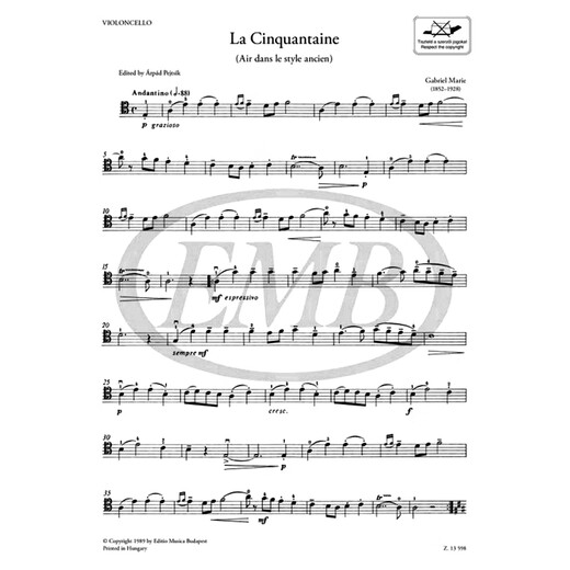
Gabriel Mary Golden Wedding Cello and Piano Single 6 pages Budapest original score book Marie Gabriel La cinquantaine MM-11 cello and Piano Z13598 Single volume