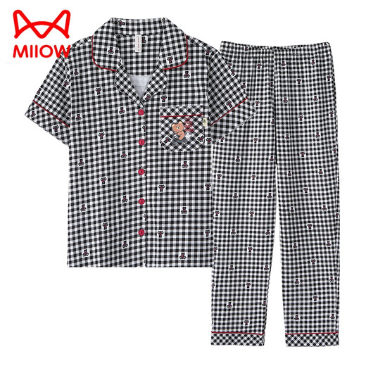 Catman (MiiOW) star pajamas summer women's pure cotton short-sleeved trousers spring and autumn red plaid middle-aged mother's large size home clothing FTX-9921 M - Recommended 80-95Jin [Jin equals 0.5 kg]