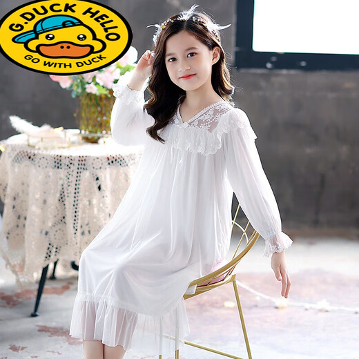 G.duck little yellow duck girls pajamas summer children thin short-sleeved lace modal nightgown little girl palace style parent-child JY1477 white long sleeve 120