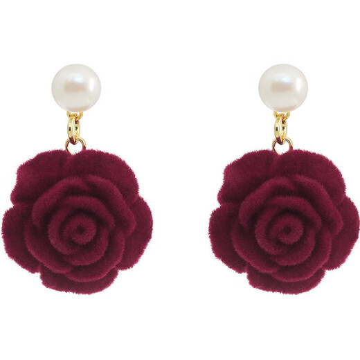 Retro Hong Kong Style Velvet Red Rose Flower Earrings Autumn and Winter Earrings New Year's Eve Earrings No Piercing Earrings for Women Pearl Rose Earrings