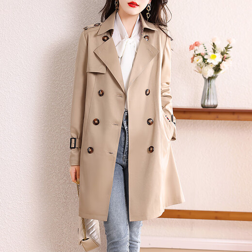 Aoduo windbreaker jacket for women 2025 new women's small mid-length spring and autumn coat AT3212 khaki M
