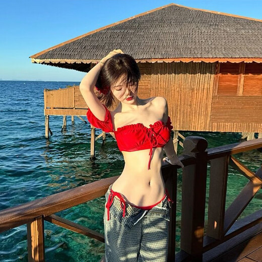Dofinison Swimsuit Bikini Ladies Hot Spring Sexy Swimsuit Bikini Adult Swim Equipment Beach Swimwear Two-piece Set Puff Sleeve Hot Girl Bikini Red M Size