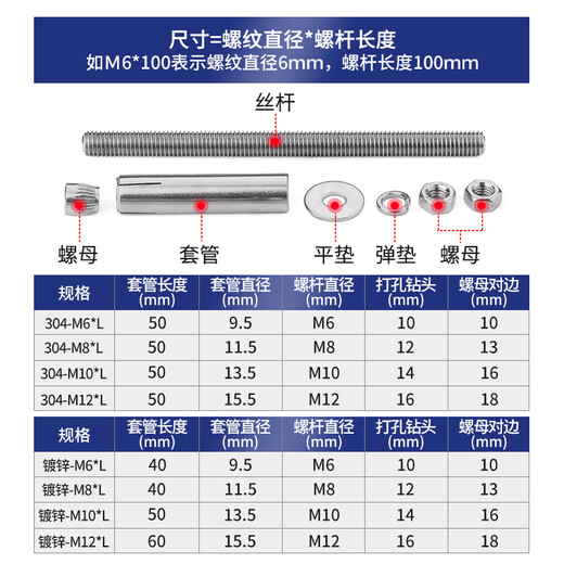 JINGGONG 304 stainless steel extended expansion screw rod extra long ceiling expansion pipe bolt pipe bracket accessories M8*200 (1 set)