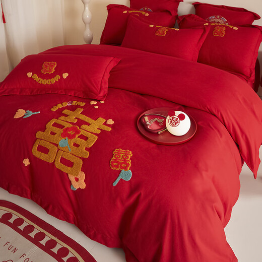 Yalu skin-friendly towel embroidered wedding four-piece set big red embroidered quilt cover bed sheet wedding bedding 1.8M bed romantic engagement 1.8m bed sheet style four-piece set-quilt cover 200*230cm