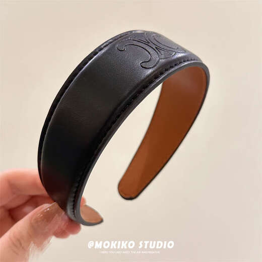 Nanzhi French high-end retro leather letter headband with pressed edge and wide edge for outing heavy industry light luxury hair accessories for women Black-leather c letter headband
