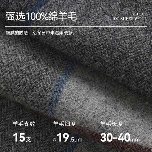 ELLE 100% wool plaid scarf for men autumn and winter outdoor warm business versatile gift box, navy blue