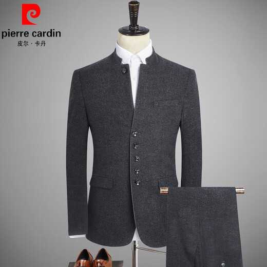 皮尔卡丹（pierre cardin）中山装男青年中华立领西服套装男士中国风唐装中式毛呢外套男针织 6622-深灰-单件上衣 L 175-适合120-130斤