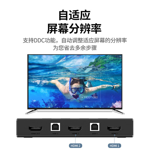 
Green HDMI2.0 KVM switcher video screen cutting, two in and one out 4K/60Hz shared USB printer keyboard and mouse computer connected to TV monitor split screen 50744