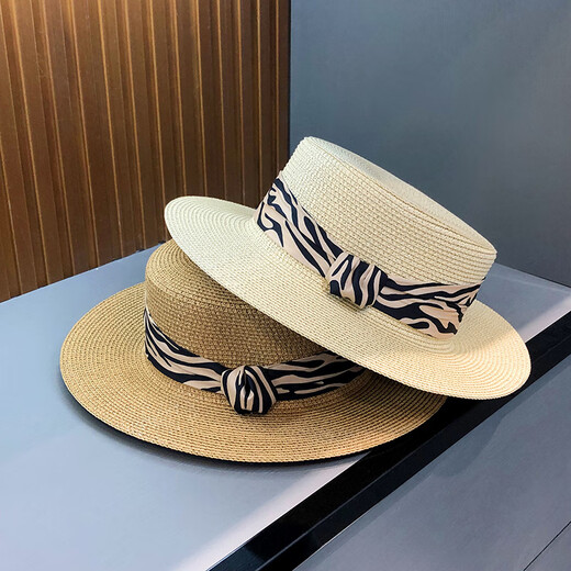Pengxuan flat top hat for women summer French fashion new straw sun hat seaside sun protection straw hat white M (56-58cm)