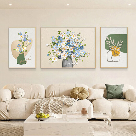 Mao Jiujiang cream style living room decoration painting simple small fresh high-end floral triptych Nordic sofa background wall hanging painting