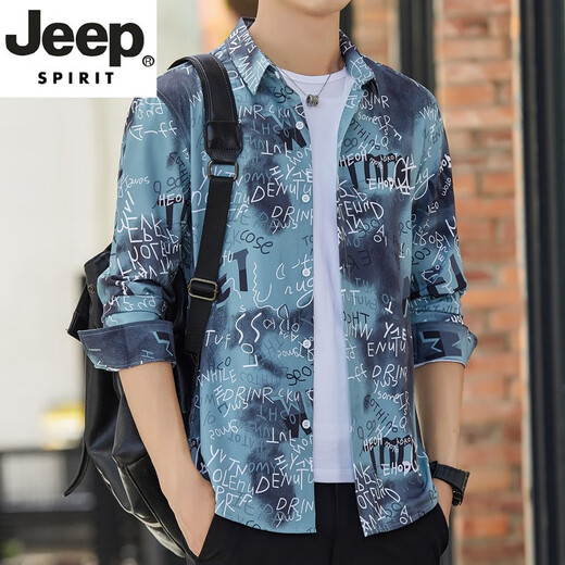 
JEEP SPIRIT Jeep Long Sleeve Shirt Men's Summer Thin Loose Digital Printed Stretch Shirt Hong Kong Style Brand Fashion Handsome 6169 Green M 90-110Jin [Jin equals 0.5 kg]