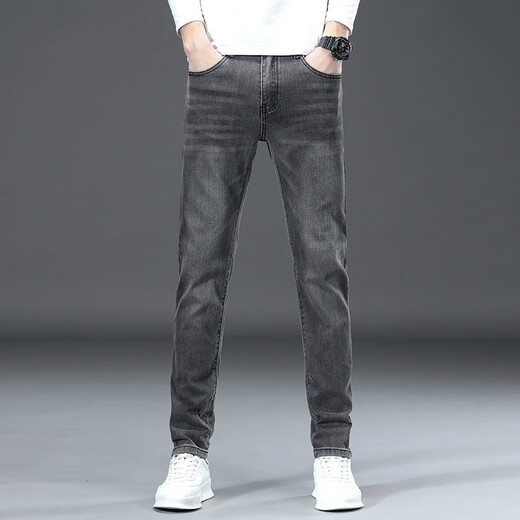 AOSHENGTE pantalones vaqueros elásticos ligeros de lujo de alta gama para hombre otoño e invierno nuevos pantalones casuales rectos pequeños ajustados pantalones de otoño para hombre 719 gris humo 28