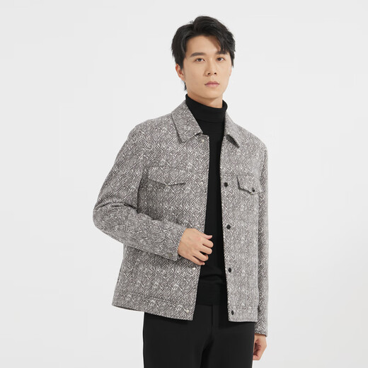 Lilang Light Fashion Men's Wear Crimson Wool Woolen Coat Men's Full Print Short Lapel Wool Jacket Q4DYR112 Ancient White Coffee XL (175)