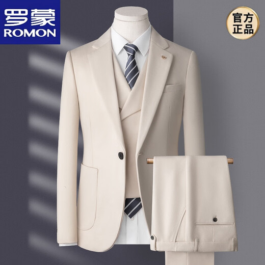 ROMON high-end suit suit men's business casual formal dress groom wedding dress autumn and winter thickened slim small suit jacket off-white (suit + trousers + vest) shirt collar XL