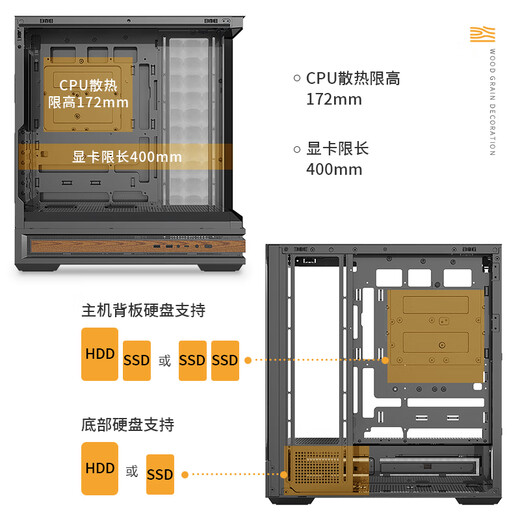大水牛（BUBALUS）森语 木纹黑色 背插式游戏电脑台式主机箱/360水冷排夹汉堡/Type-C/270°海景房/ATX/免工具快拆