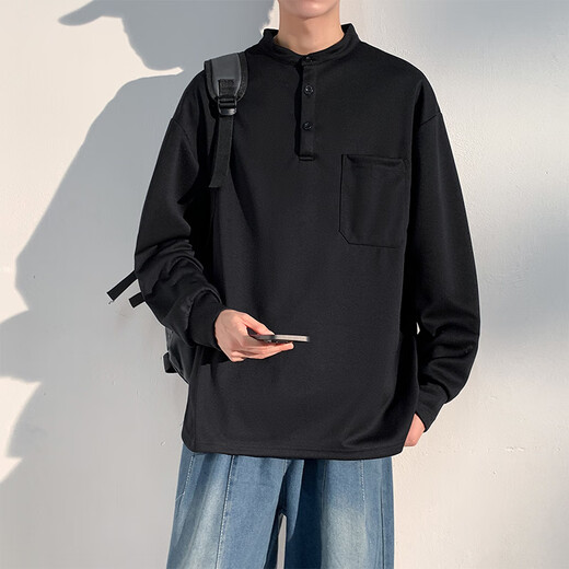 Homlean American retro long-sleeved T-shirt men's autumn Henry collar loose casual sweatshirt bottoming shirt HM07 black 2XL