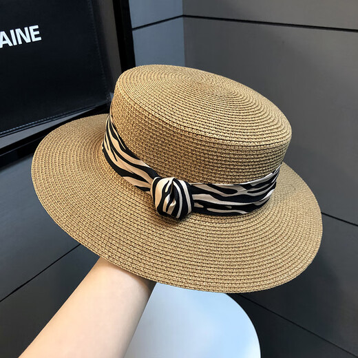 Pengxuan flat top hat for women summer French fashion new straw sun hat seaside sun protection straw hat white M (56-58cm)