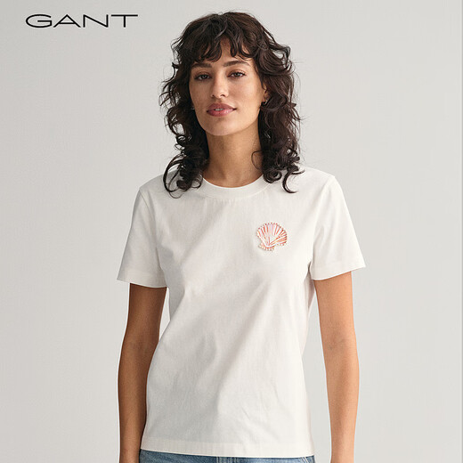 Gant/Gante Nuevas tops para mujeres de moda, versátiles, simples y cómodas concha bordada de color sólido de manga corta Camiseta redonda redonda 671-PINK XL